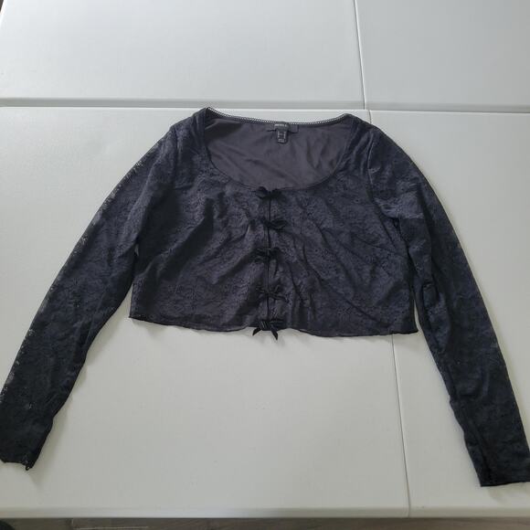 Y2K Whimsigoth Goth Shirt Womens 1X Lace Bow Front Long Sleeve Cropped Cardigan - Picture 1 of 10